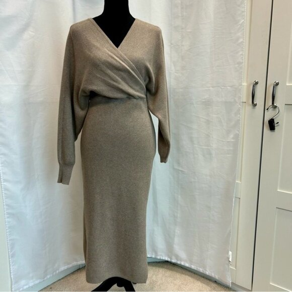 Dreamers beige knit wrap V-neck long sleeve bodycon midi sweater dress XL NWOT - Picture 2 of 12